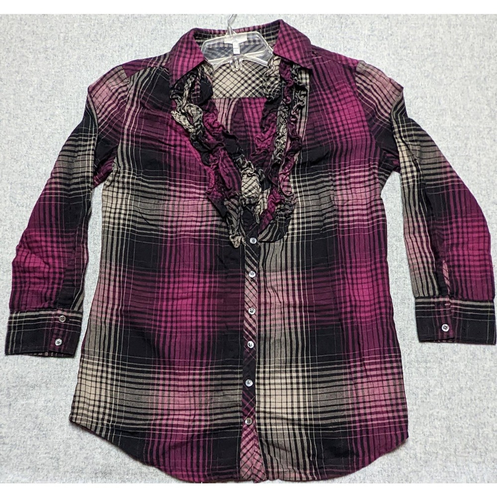 Jote Red and Black Plaid Shirt Long Sleeve Blouse with Ruffles Women's XS